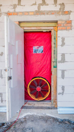 blower door test on front door of a house