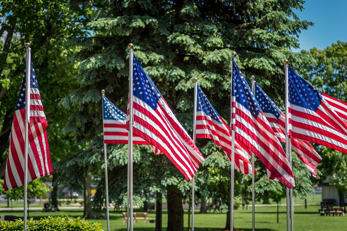 American flags waving in the wind in a park