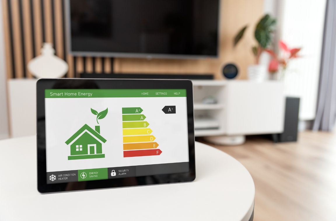tablet with HERS rating in an energy-efficient home