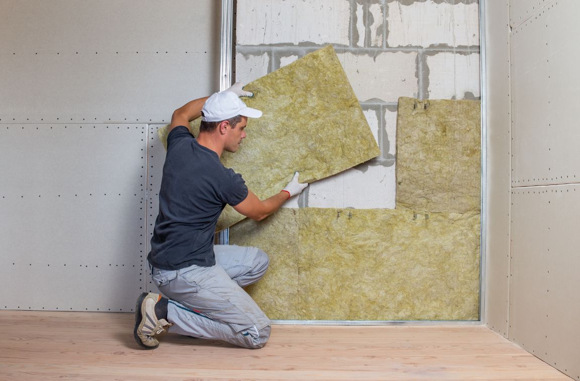 common home areas with energy loss an insulation expert putting in insulation for a wall